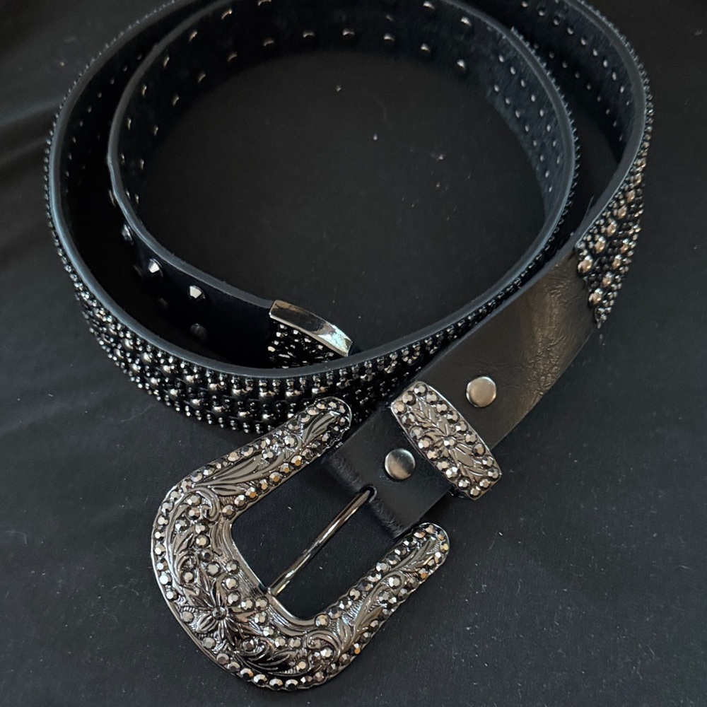 Genuine saddle leather in Black Studded Belt with Silver Buckle from BKE
